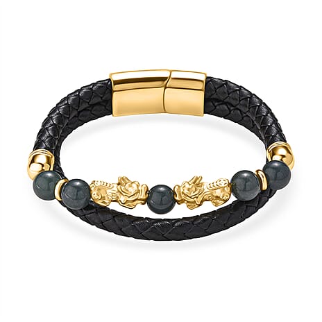 Natural Jadeite Jade Beads & Pixiu Charms Bracelet (Size 8) in Yellow Gold Plated 50.00 Ct.