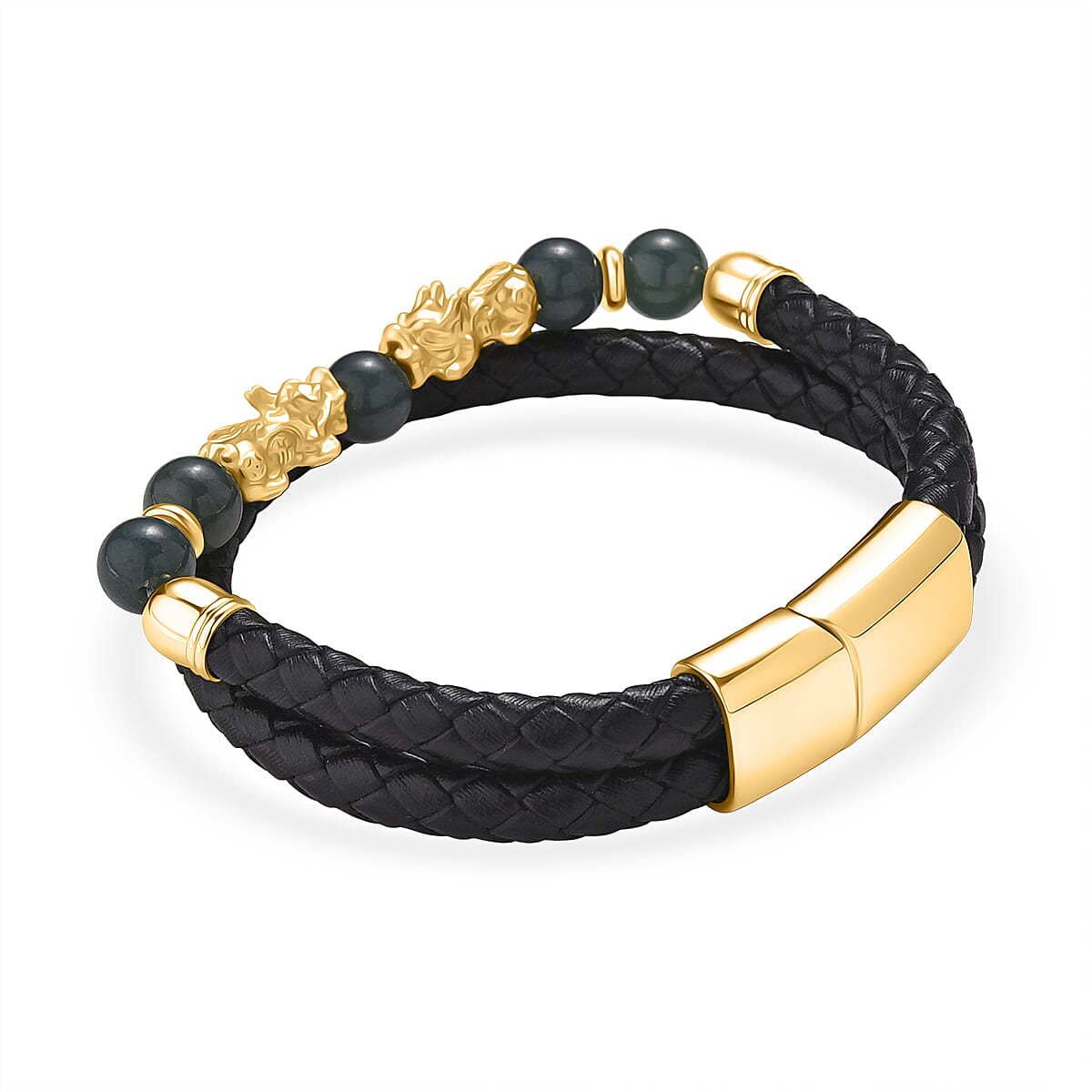 Natural Jadeite Jade Beads & Pixiu Charms Bracelet (Size 8) in Yellow Gold Plated 50.00 Ct.