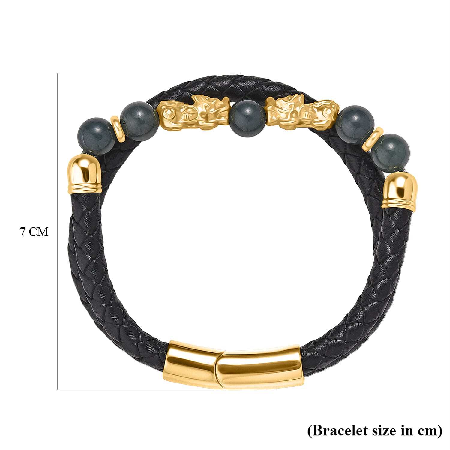 Natural Jadeite Jade Beads & Pixiu Charms Bracelet (Size 8) in Yellow Gold Plated 50.00 Ct.