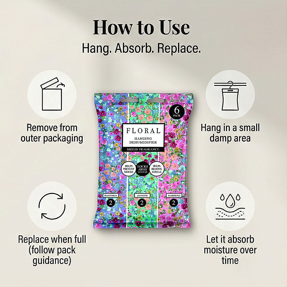 6-Pack Floral Hanging Dehumidifiers - 2 x Magnolia, 2 x Jasmine, 2 x Gardenia