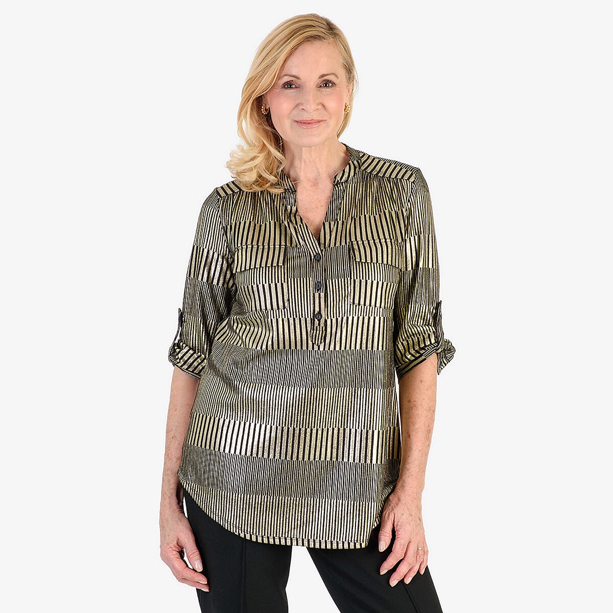 Marina Kaneva Metallic Stripe Top (Size 10) - Gold