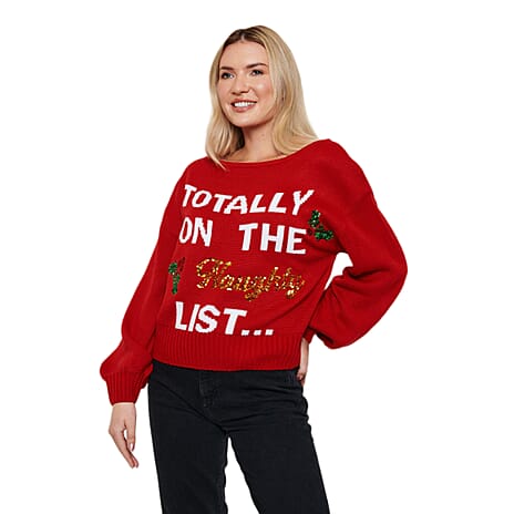 Threadbare Boat Neck Design Christmas Jumper (Size 8) - Red