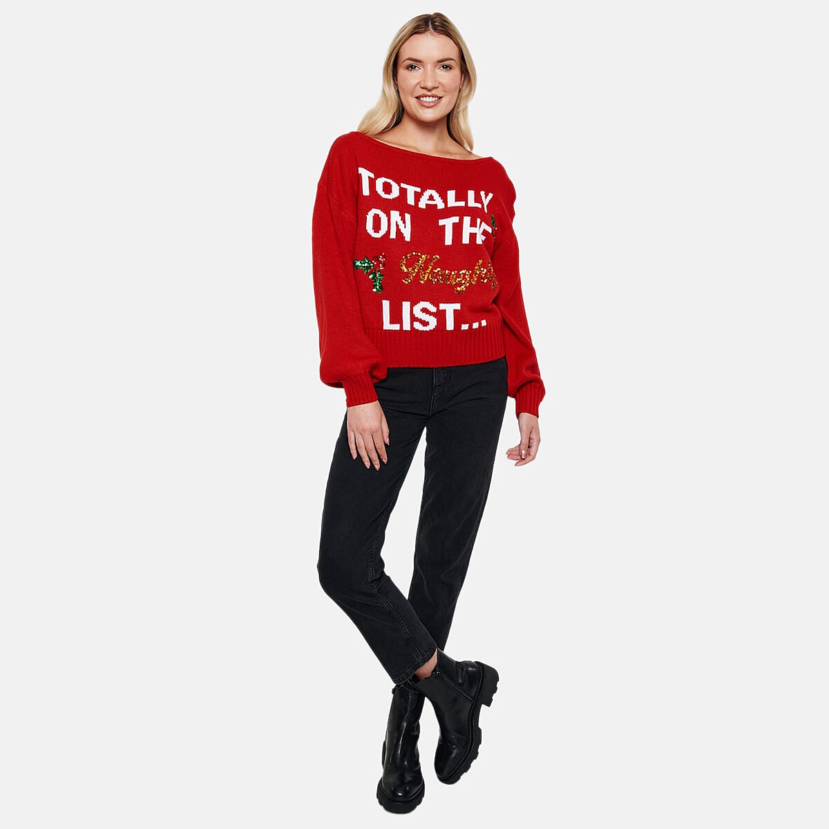 Threadbare Boat Neck Design Christmas Jumper (Size 10) - Red