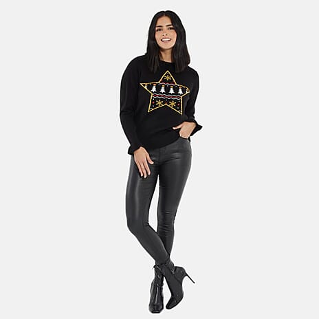 Threadbare Star Design Christmas Jumper (Size 12) - Black