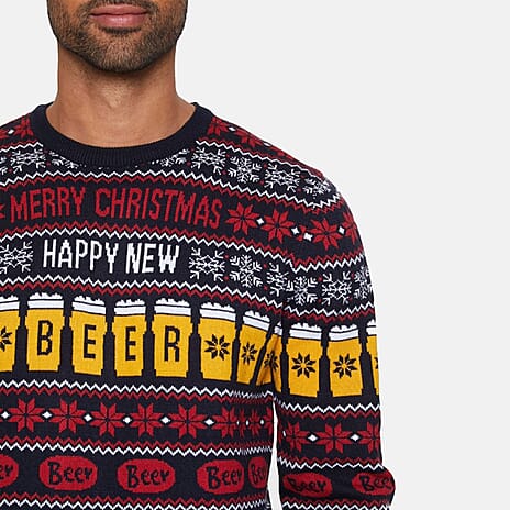 Threadbare Happy New Beer Design Christmas Jumper (Size M) - Navy