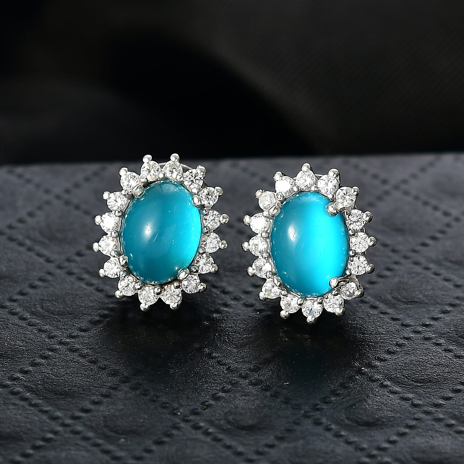 D'Joy Paraiba Moonstone & White Zircon Earring with Push Back in Platinum Overlay Sterling Silver 4.19 Ct.