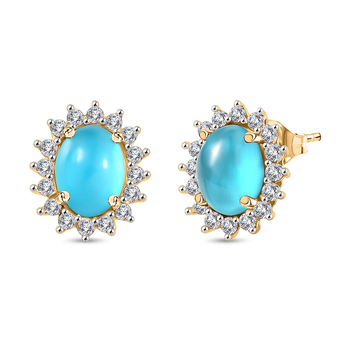 D'Joy Paraiba Moonstone & White Zircon Earring with Push Back in 18K Yellow Gold Plated Sterling Silver 4.19 Ct.