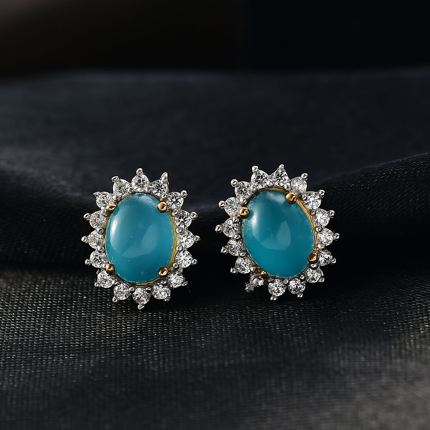 D'Joy Paraiba Moonstone & White Zircon Earring with Push Back in 18K Yellow Gold Plated Sterling Silver 4.19 Ct.