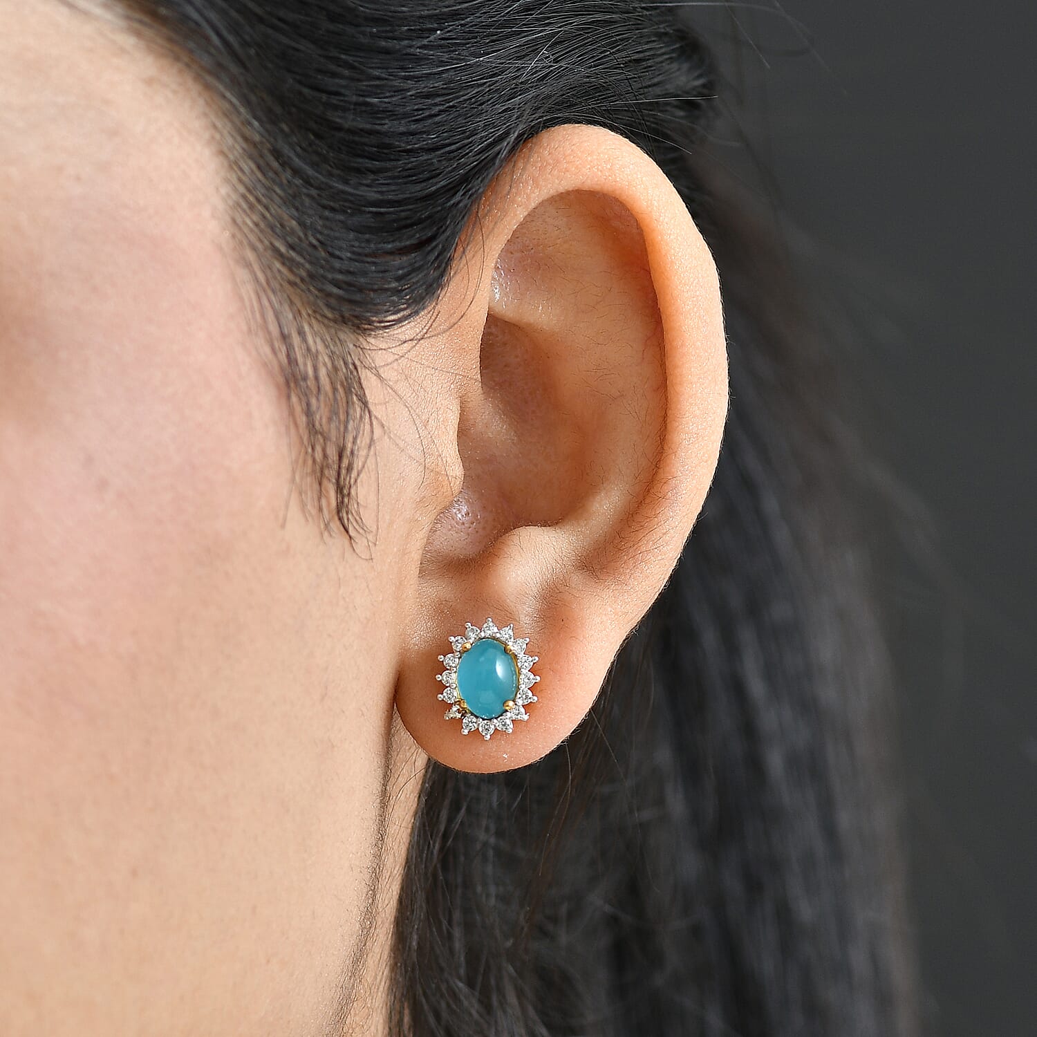 D'Joy Paraiba Moonstone & White Zircon Earring with Push Back in 18K Yellow Gold Plated Sterling Silver 4.19 Ct.