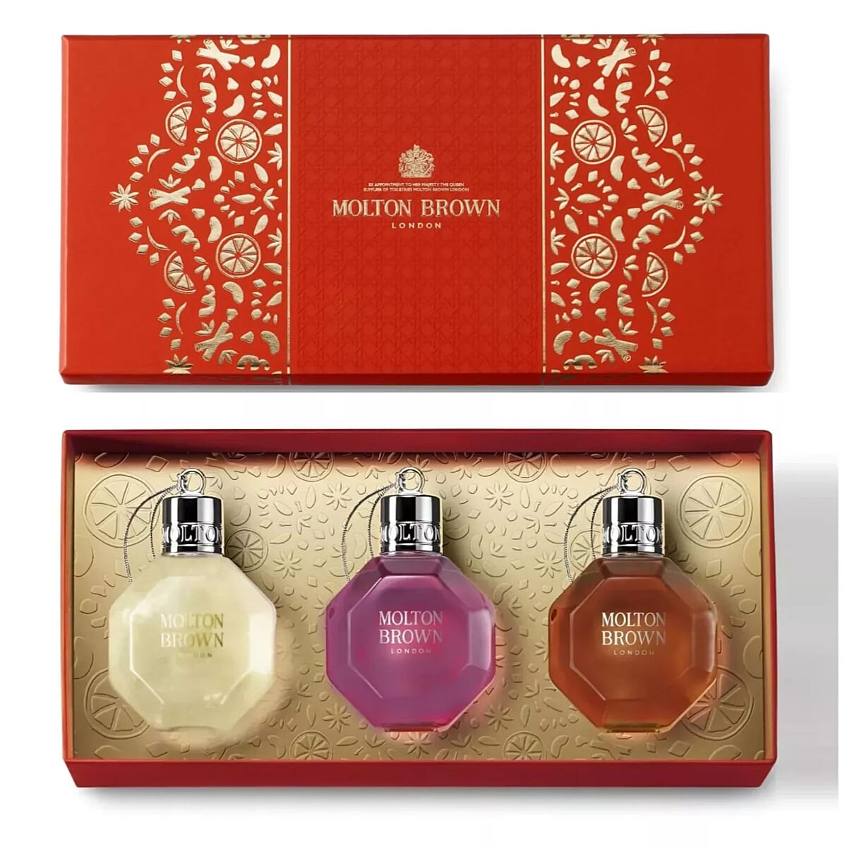 Biggest Christmas Offer 2025 - Molton Brown Festive Bauble Collection - Delicious Rhubarb & Rose, Fiery Pink Pepper, Re-charge Black Pepper Bath & Shower Gels - 75ML Each