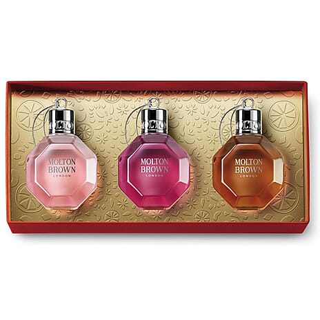 Biggest Christmas Offer 2025 - Molton Brown Festive Bauble Collection - Delicious Rhubarb & Rose, Fiery Pink Pepper, Re-charge Black Pepper Bath & Shower Gels - 75ML Each