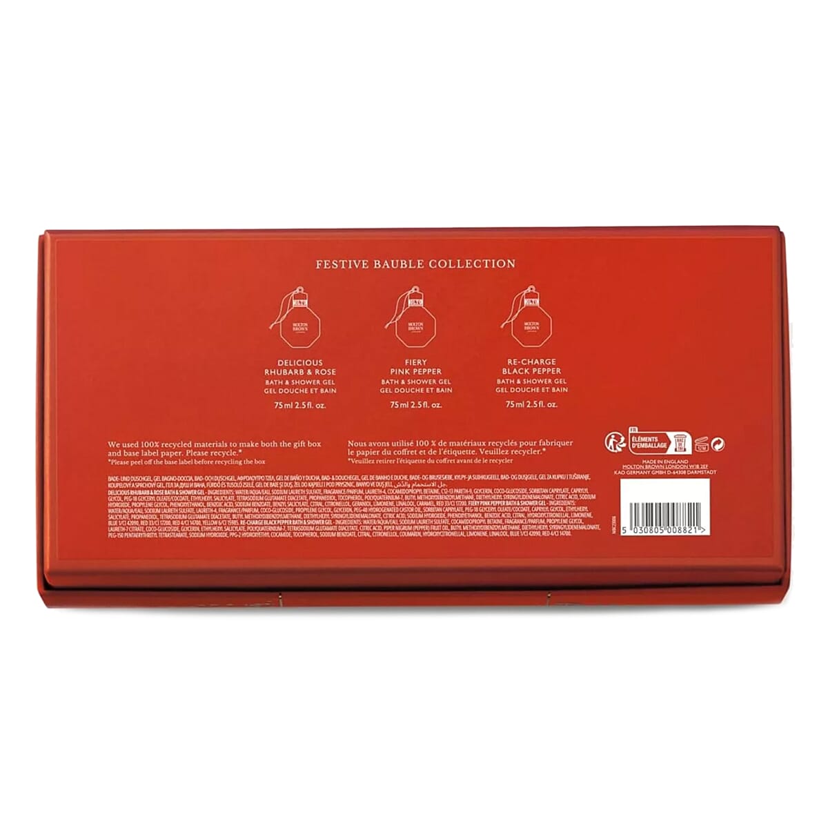 Biggest Christmas Offer 2025 - Molton Brown Festive Bauble Collection - Delicious Rhubarb & Rose, Fiery Pink Pepper, Re-charge Black Pepper Bath & Shower Gels - 75ML Each