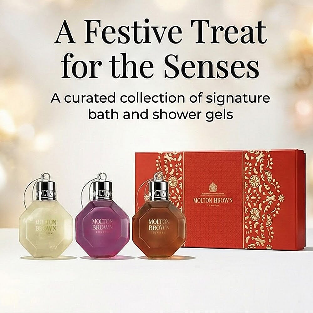 Molton Brown Bauble Collection - Delicious Rhubarb & Rose, Fiery Pink Pepper, Re-charge Black Pepper Bath & Shower Gels - 75ML Each