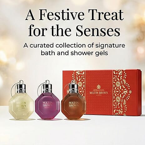 Biggest Christmas Offer 2025 - Molton Brown Festive Bauble Collection - Delicious Rhubarb & Rose, Fiery Pink Pepper, Re-charge Black Pepper Bath & Shower Gels - 75ML Each
