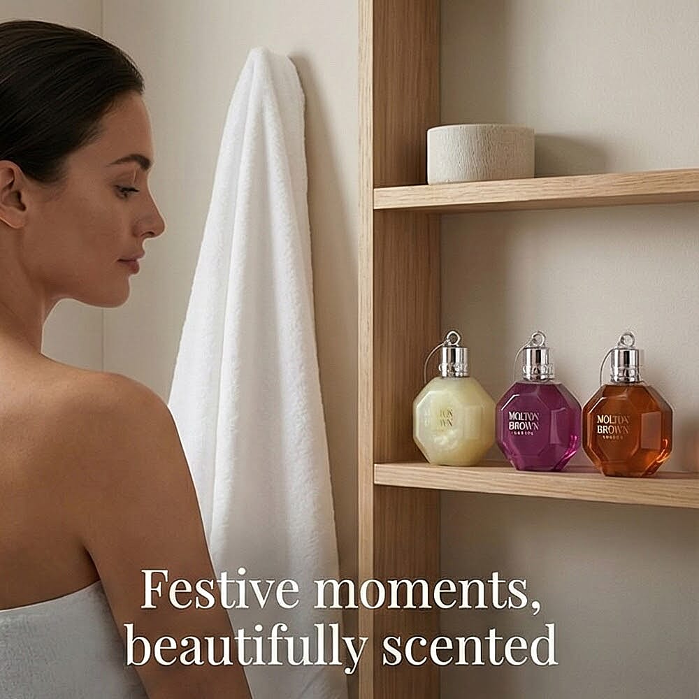 Molton Brown Bauble Collection - Delicious Rhubarb & Rose, Fiery Pink Pepper, Re-charge Black Pepper Bath & Shower Gels - 75ML Each