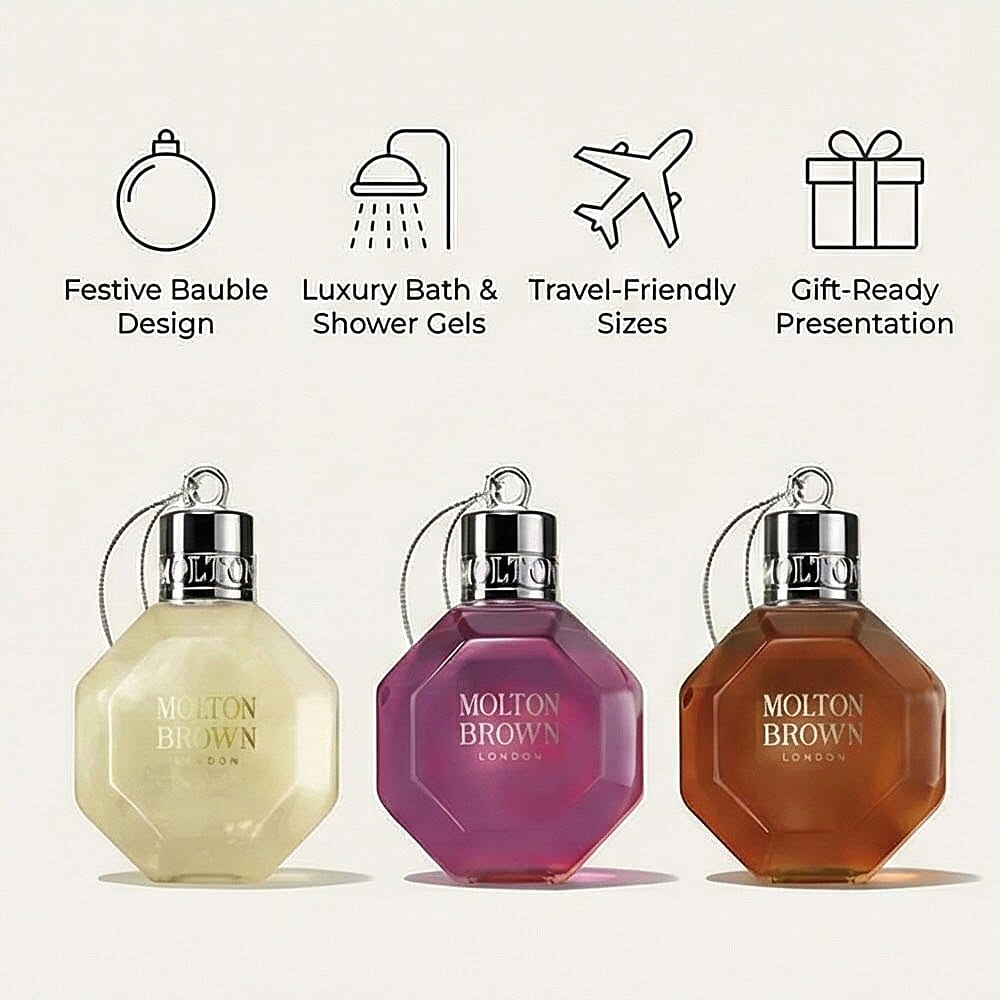 Molton Brown Bauble Collection - Delicious Rhubarb & Rose, Fiery Pink Pepper, Re-charge Black Pepper Bath & Shower Gels - 75ML Each