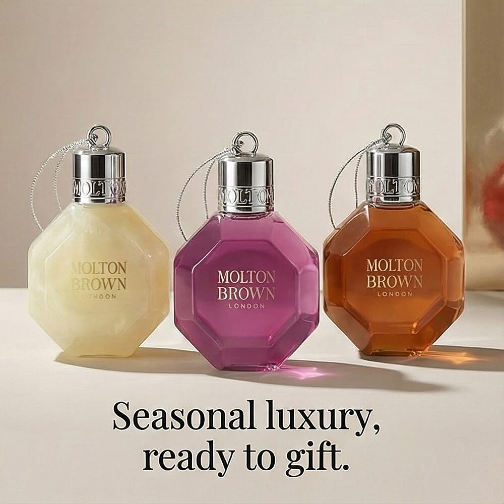 Molton Brown Bauble Collection - Delicious Rhubarb & Rose, Fiery Pink Pepper, Re-charge Black Pepper Bath & Shower Gels - 75ML Each