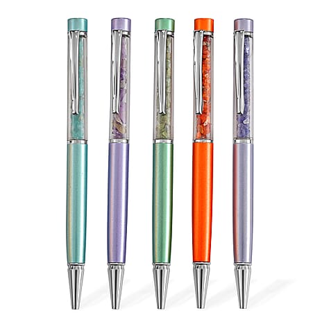Set of 5 Gemstone Pen - Amythyst, Green Apatite, Fire Opal, Tanzanite - Blue Apatite