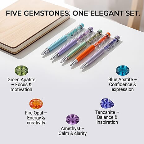 Set of 5 Gemstone Pen - Amythyst, Green Apatite, Fire Opal, Tanzanite - Blue Apatite