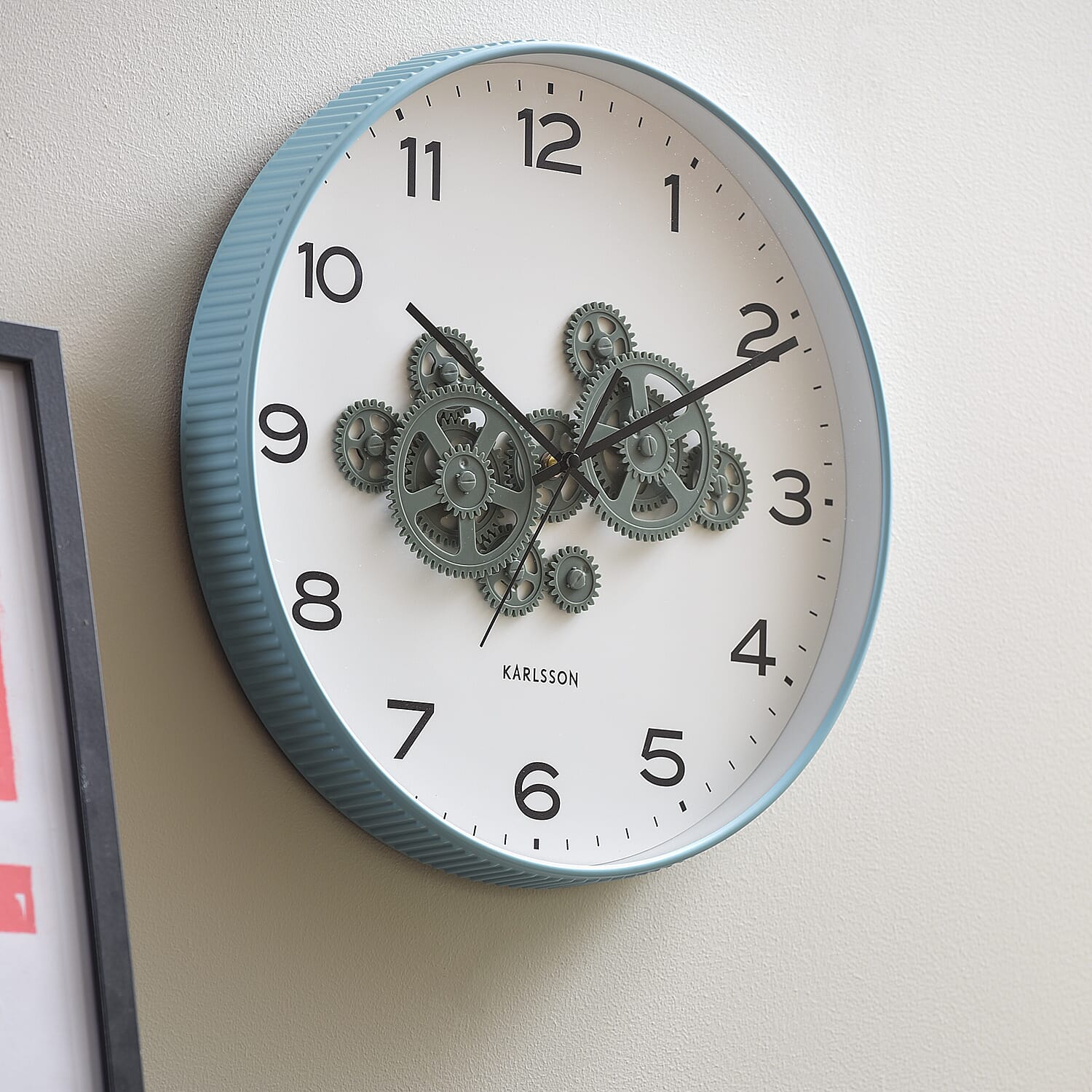 Present Time Open Gear Wall Clock - Misty Blue Rim with Jungle Green Gear Design