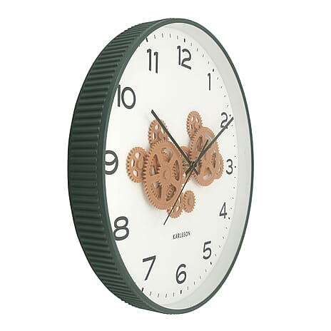 BLACK FRIDAY DEAL - Present Time Open Gear Wall Clock - Jungle Green Rim with Ochre Yellow Gear Design