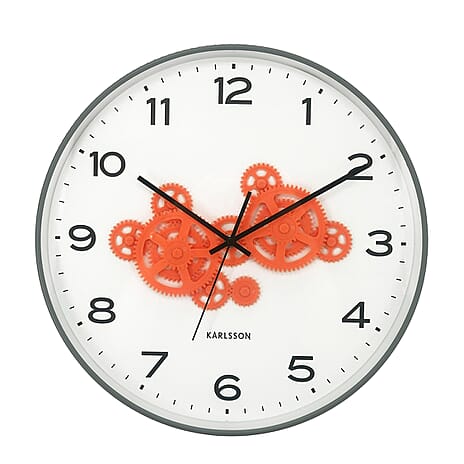 BLACK FRIDAY DEAL - Present Time Open Gear Wall Clock - Mouse Grey Rim with Bright Orange Gear Design
