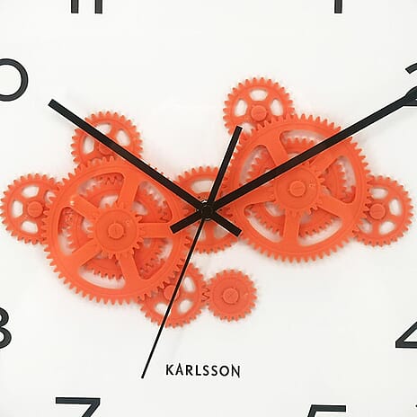 BLACK FRIDAY DEAL - Present Time Open Gear Wall Clock - Mouse Grey Rim with Bright Orange Gear Design