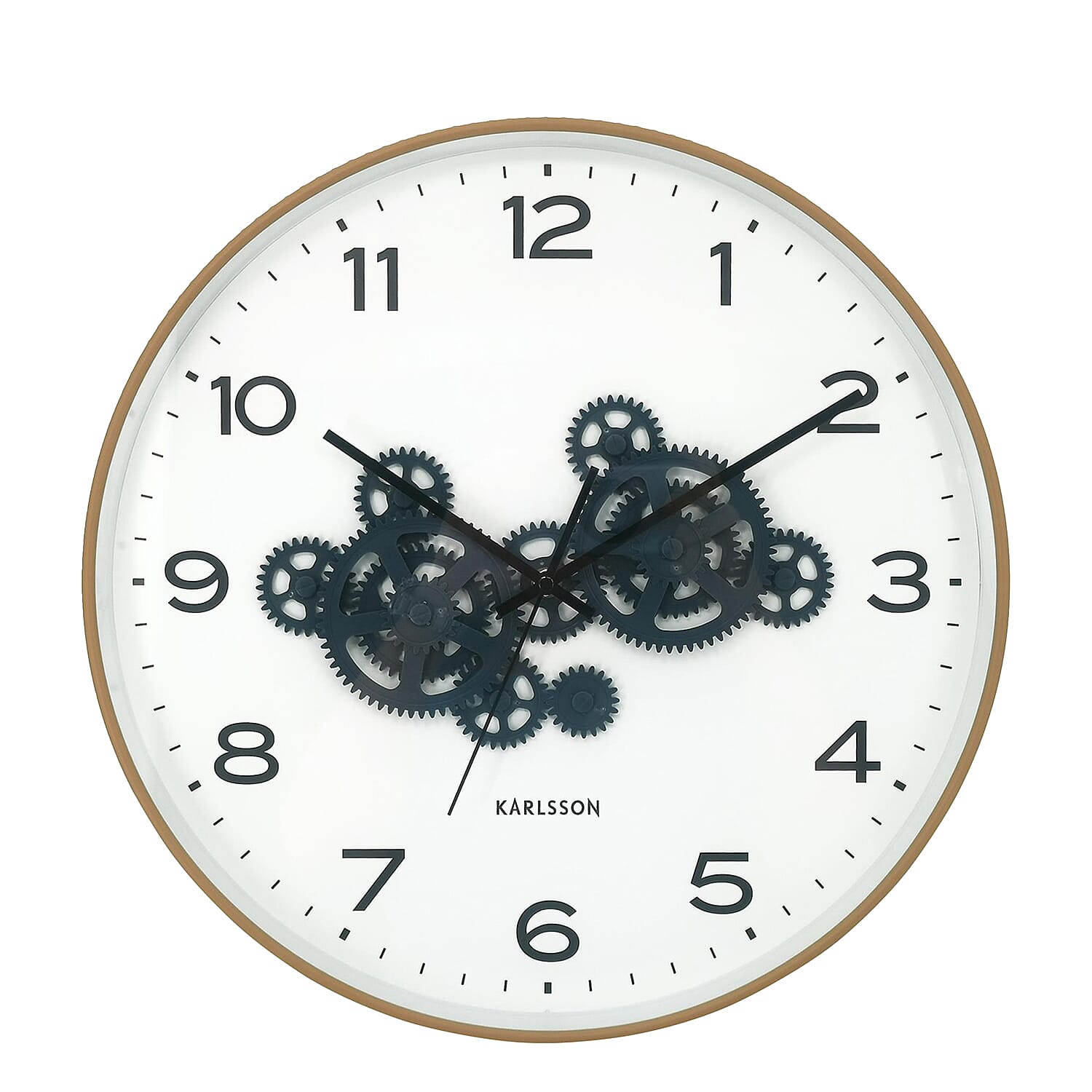 Present Time Open Gear Wall Clock - Ochre Yellow Rim with Dark Blue Gear Design