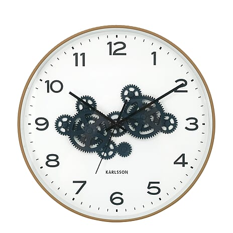 BLACK FRIDAY DEAL - Present Time Open Gear Wall Clock - Ochre Yellow Rim with Dark Blue Gear Design