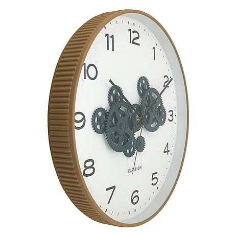 BLACK FRIDAY DEAL - Present Time Open Gear Wall Clock - Ochre Yellow Rim with Dark Blue Gear Design