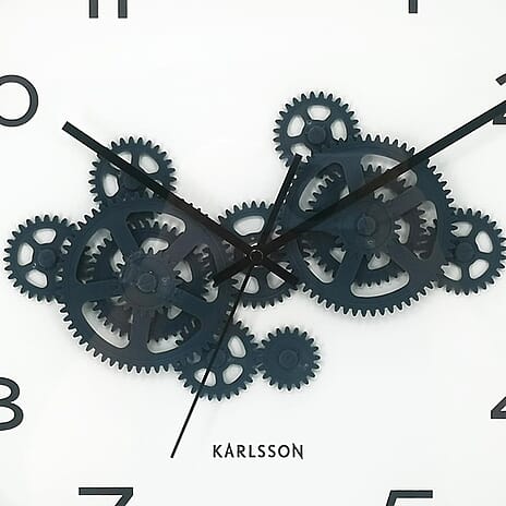 BLACK FRIDAY DEAL - Present Time Open Gear Wall Clock - Ochre Yellow Rim with Dark Blue Gear Design