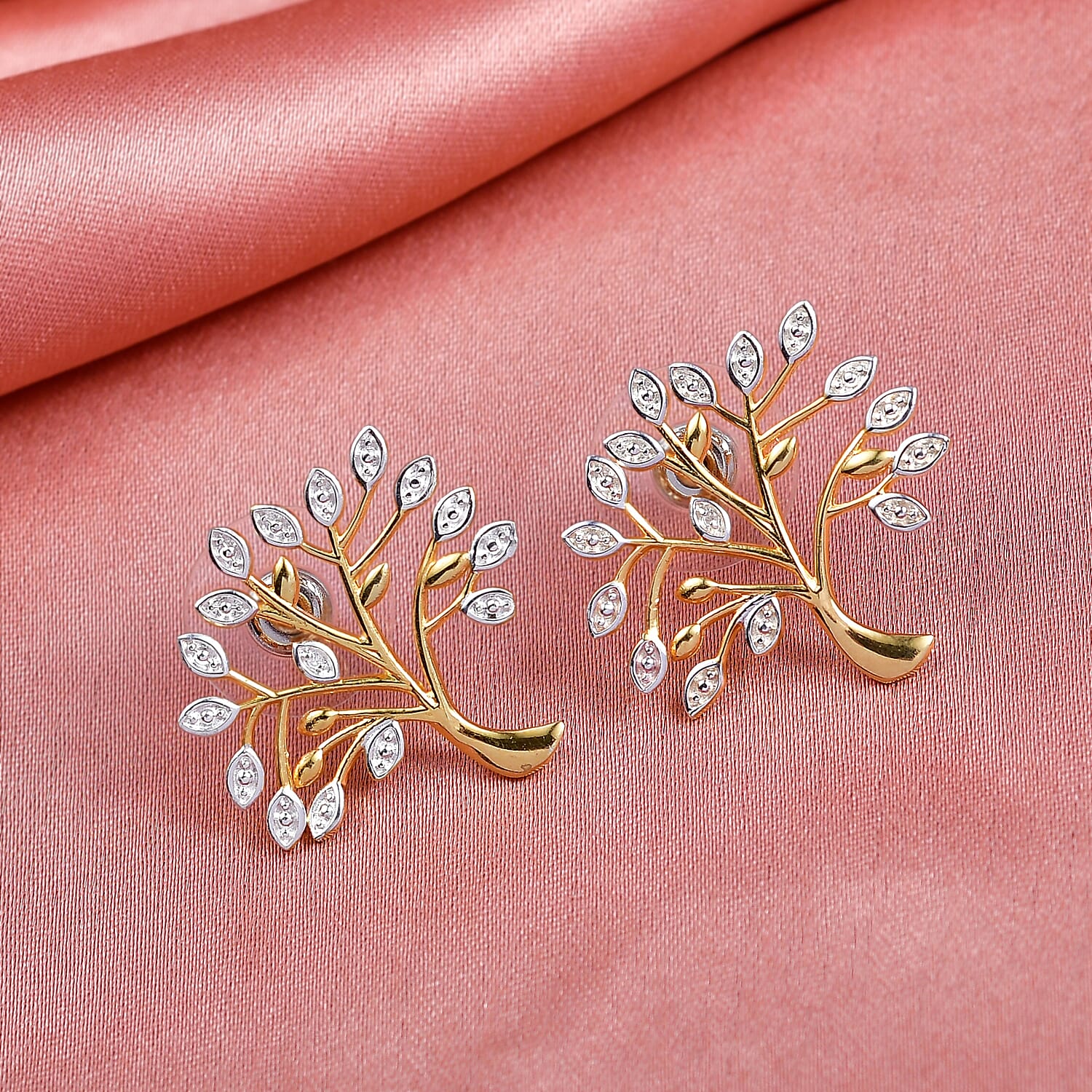 EverTrue White Diamond Tree Earring in Yellow Gold Plated