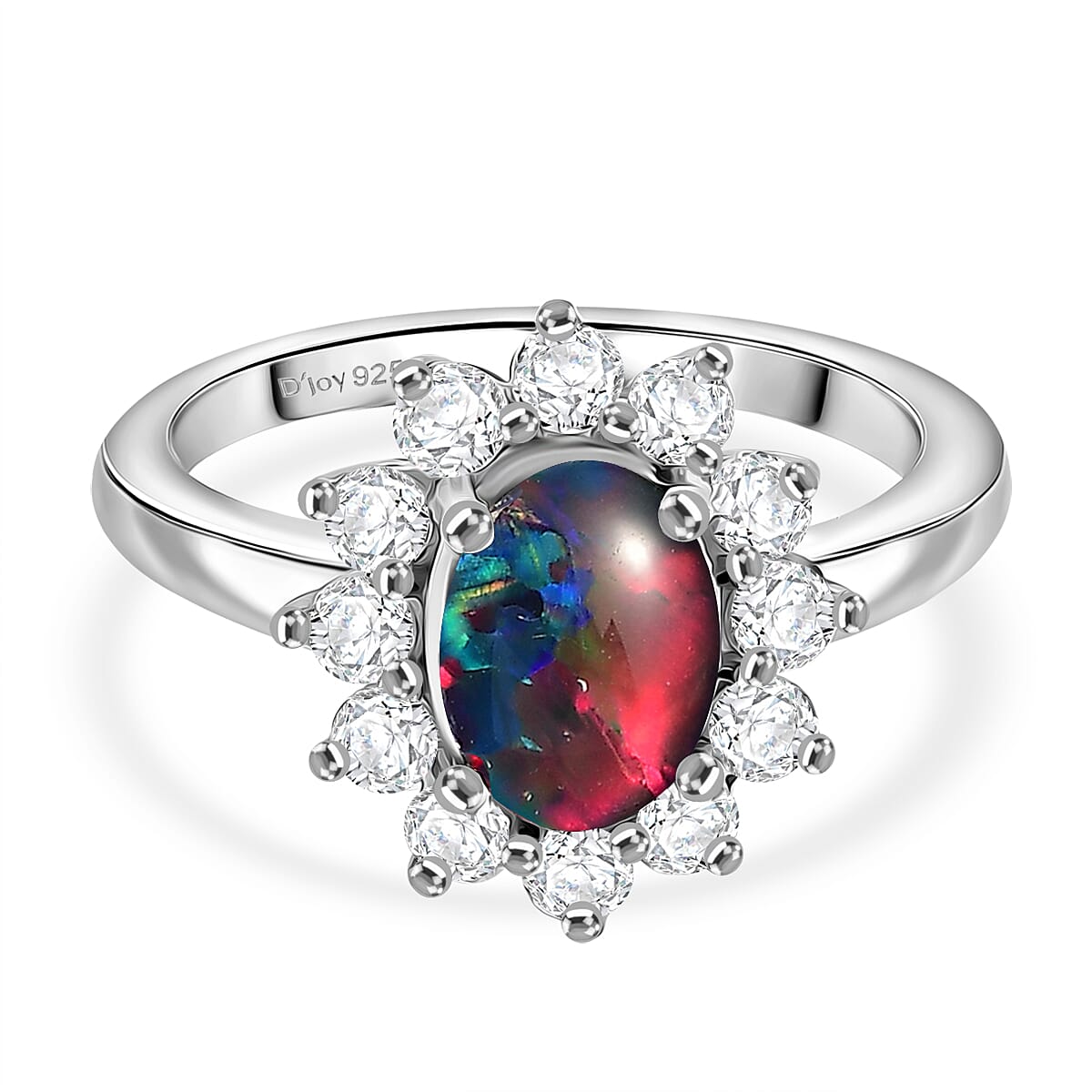 D'Joy Boulder Opal Triplet & White Zircon Ring in Rhodium Overlay Sterling Silver 1.75 Ct.