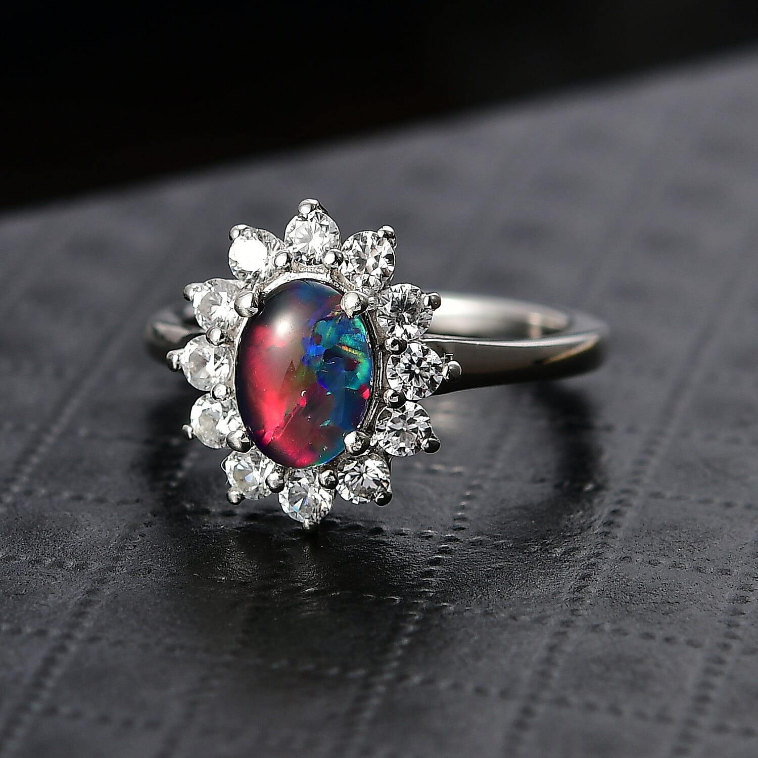 D'Joy Boulder Opal Triplet & White Zircon Ring in Rhodium Overlay Sterling Silver 1.75 Ct.