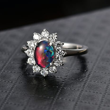 D'Joy Boulder Opal Triplet & White Zircon Ring in Rhodium Overlay Sterling Silver 1.75 Ct.