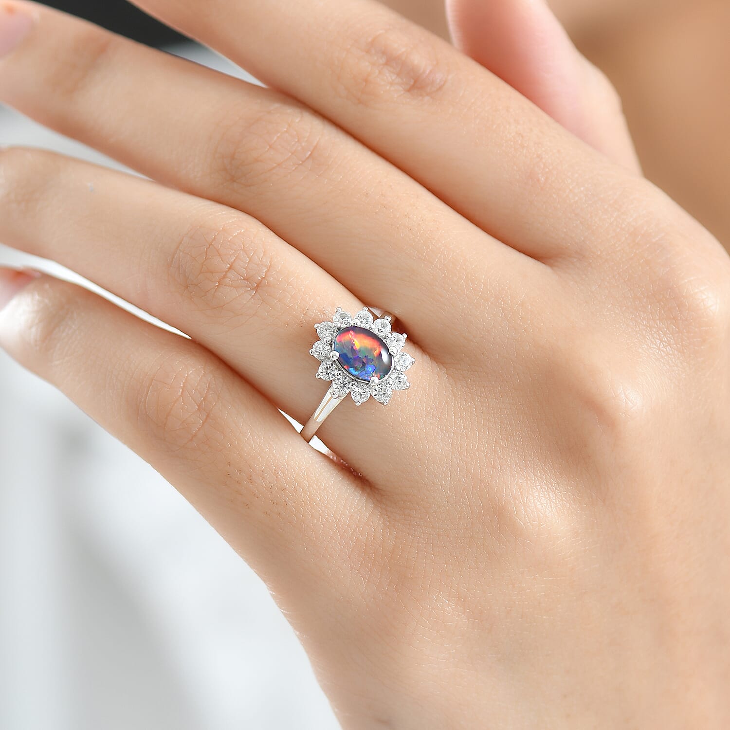 D'Joy Boulder Opal Triplet & White Zircon Ring in Rhodium Overlay Sterling Silver 1.75 Ct.