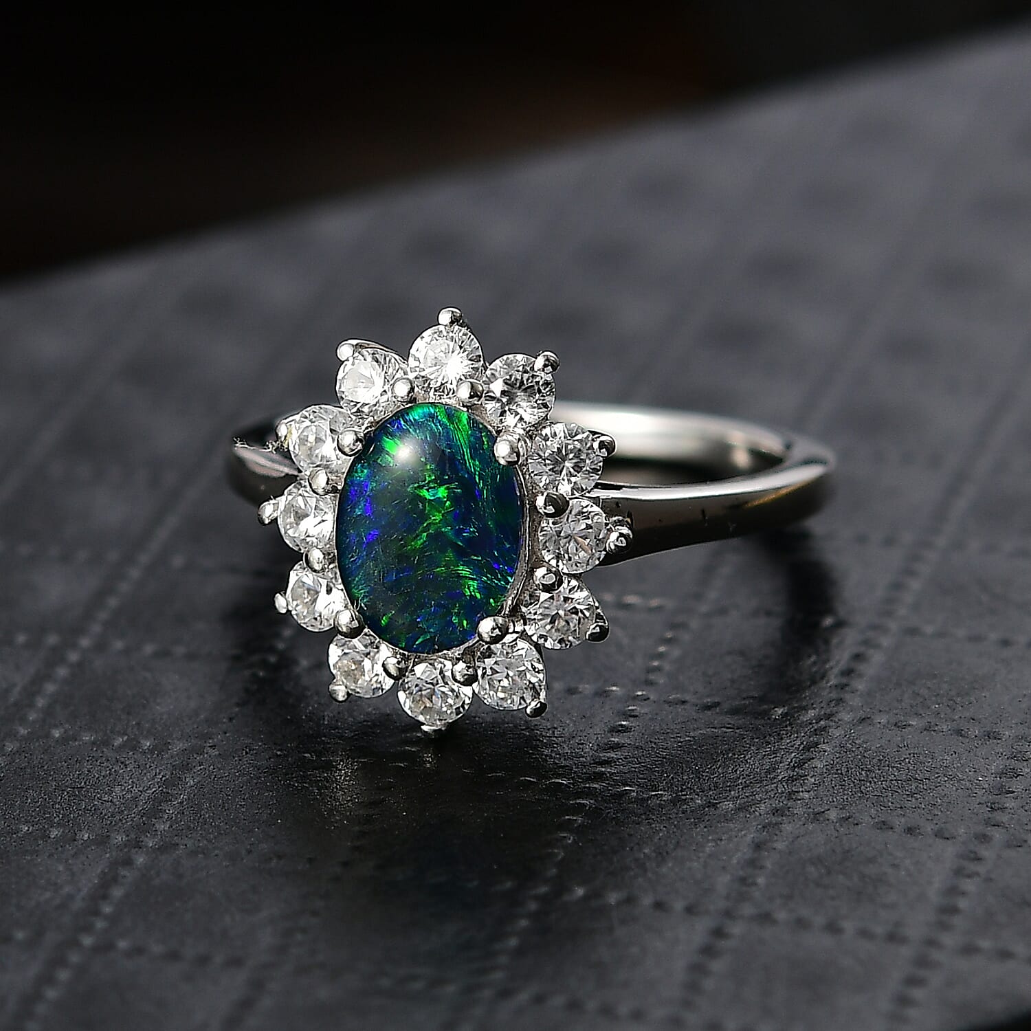 D'Joy Boulder Opal Triplet & White Zircon Ring in Rhodium Overlay Sterling Silver 1.75 Ct.
