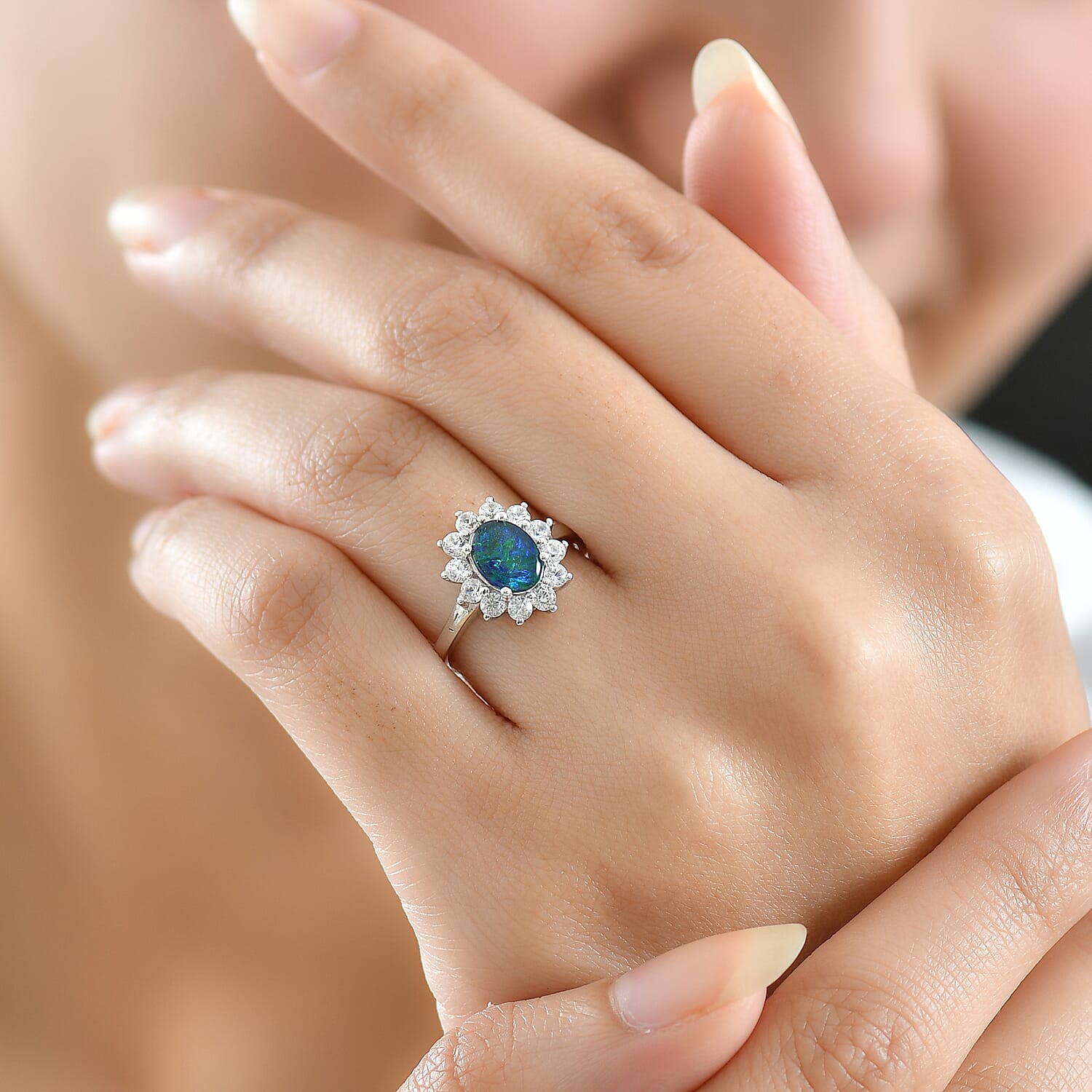 D'Joy Boulder Opal Triplet & White Zircon Ring in Rhodium Overlay Sterling Silver 1.75 Ct.