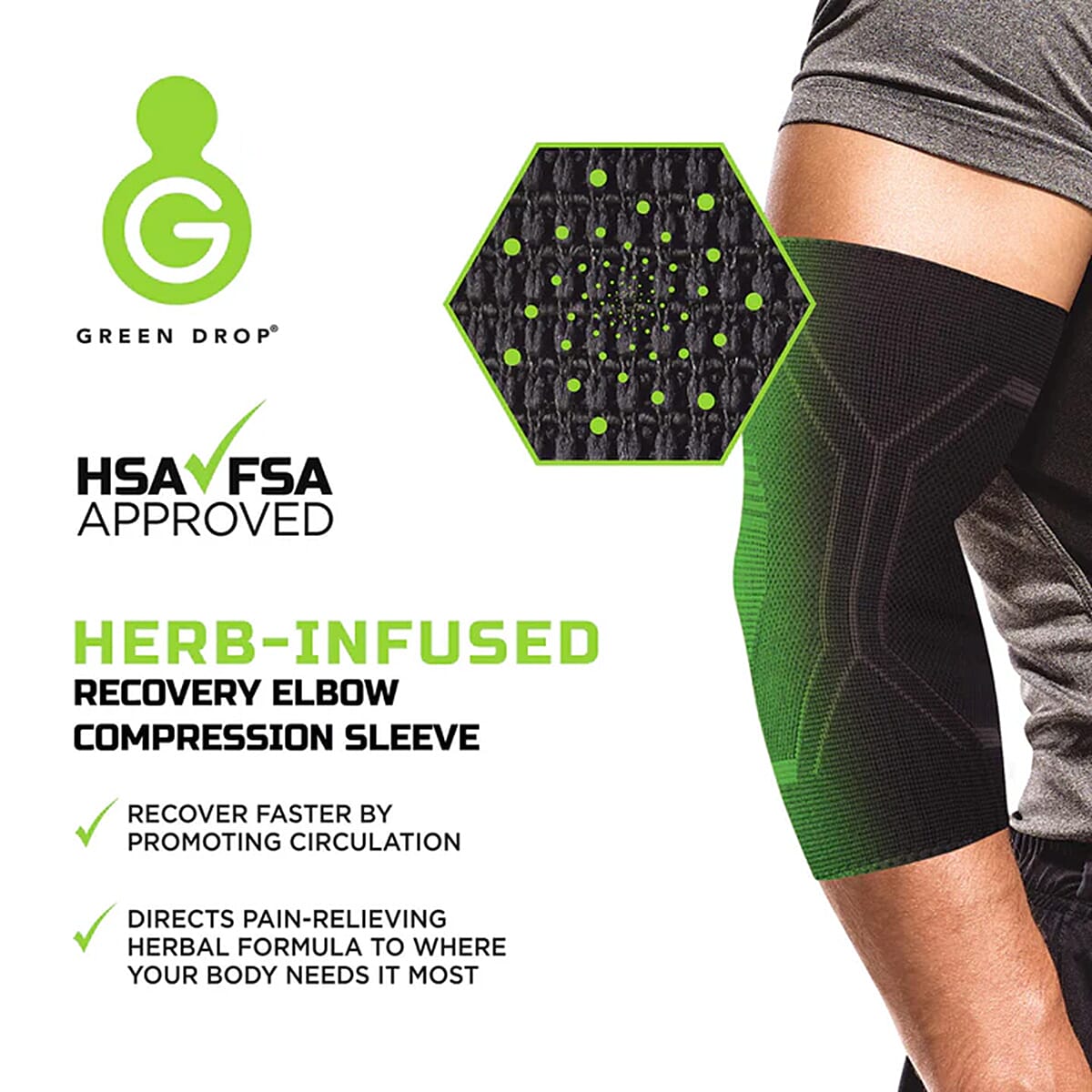 Green Drop Elbow Compression Sleeve (Size - L-XL 24 cm) - Black