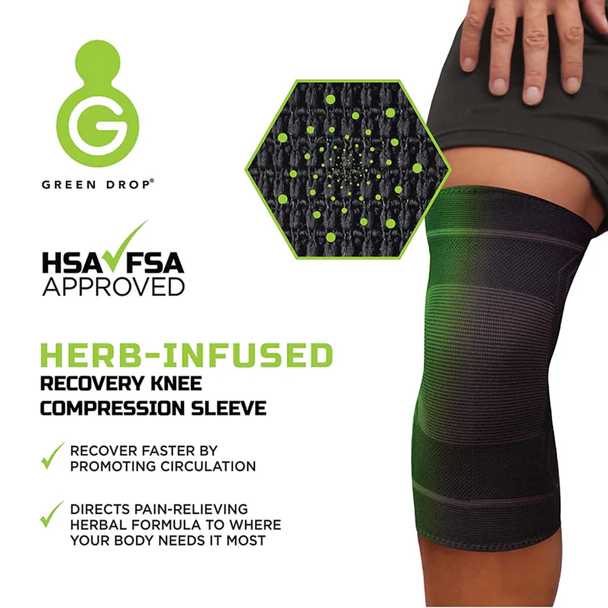 Green Drop Knee Compression Sleeve (Size - S-M, 24 cm) - Black
