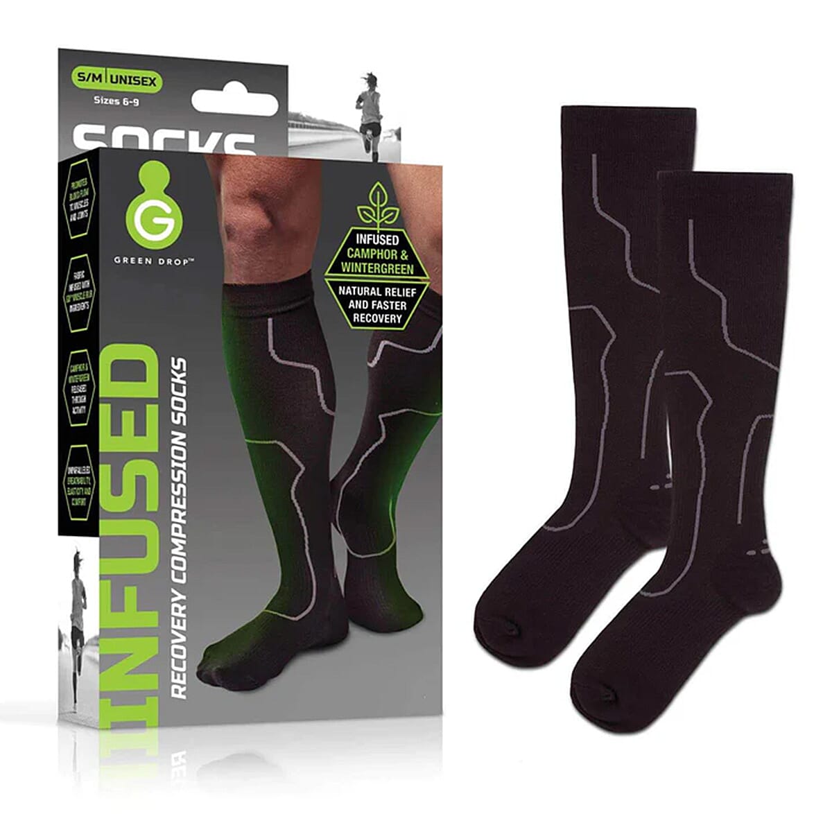 Green Drop Compression Socks (Size - S-M, 3-6) - Black
