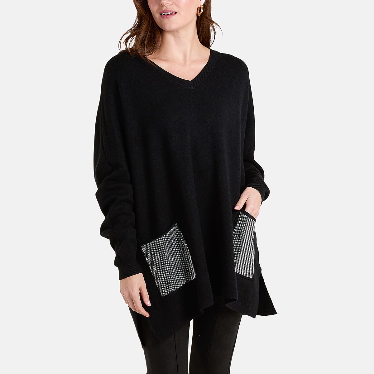 QED London V-Neck Embellished Pocket Jumper (One Size) - Black
