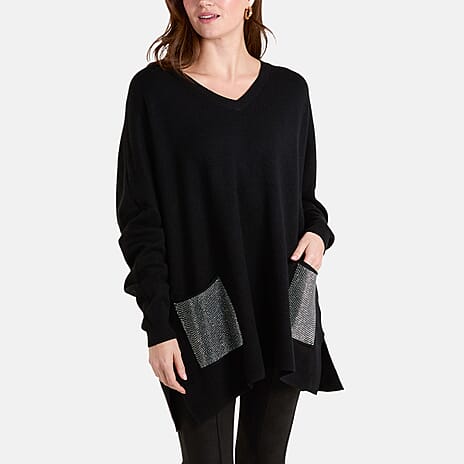 Paramour London V-Neck Embellished Pocket Jumper (Size 10-22) - Black