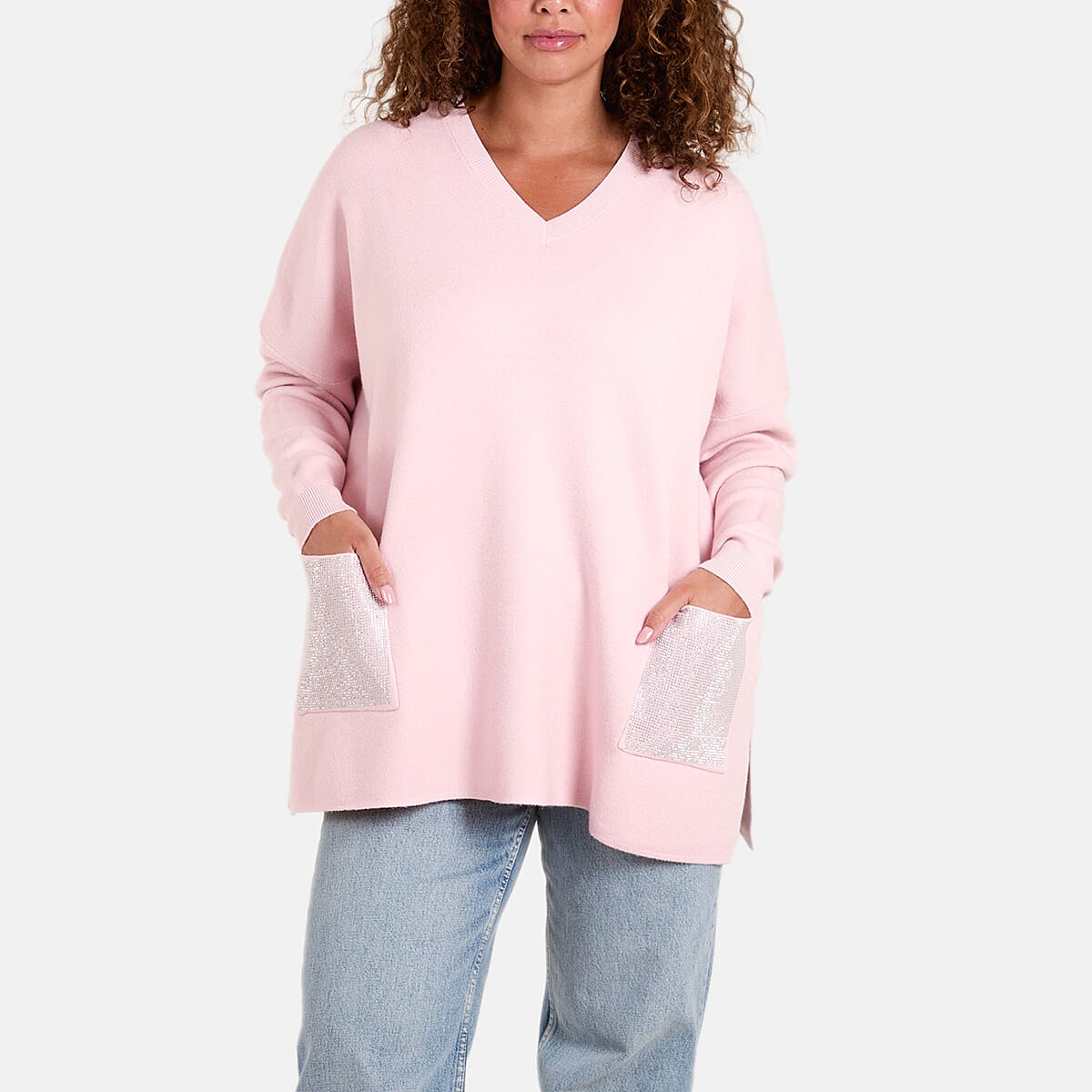 QED London V-Neck Embellished Pocket Jumper (One Size) - Pink
