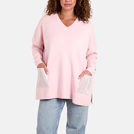Paramour London V-Neck Embellished Pocket Jumper (Size 10-22) - Pink
