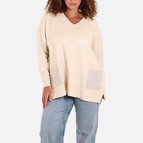 Paramour London V-Neck Embellished Pocket Jumper (Size 10-22) - Ivory