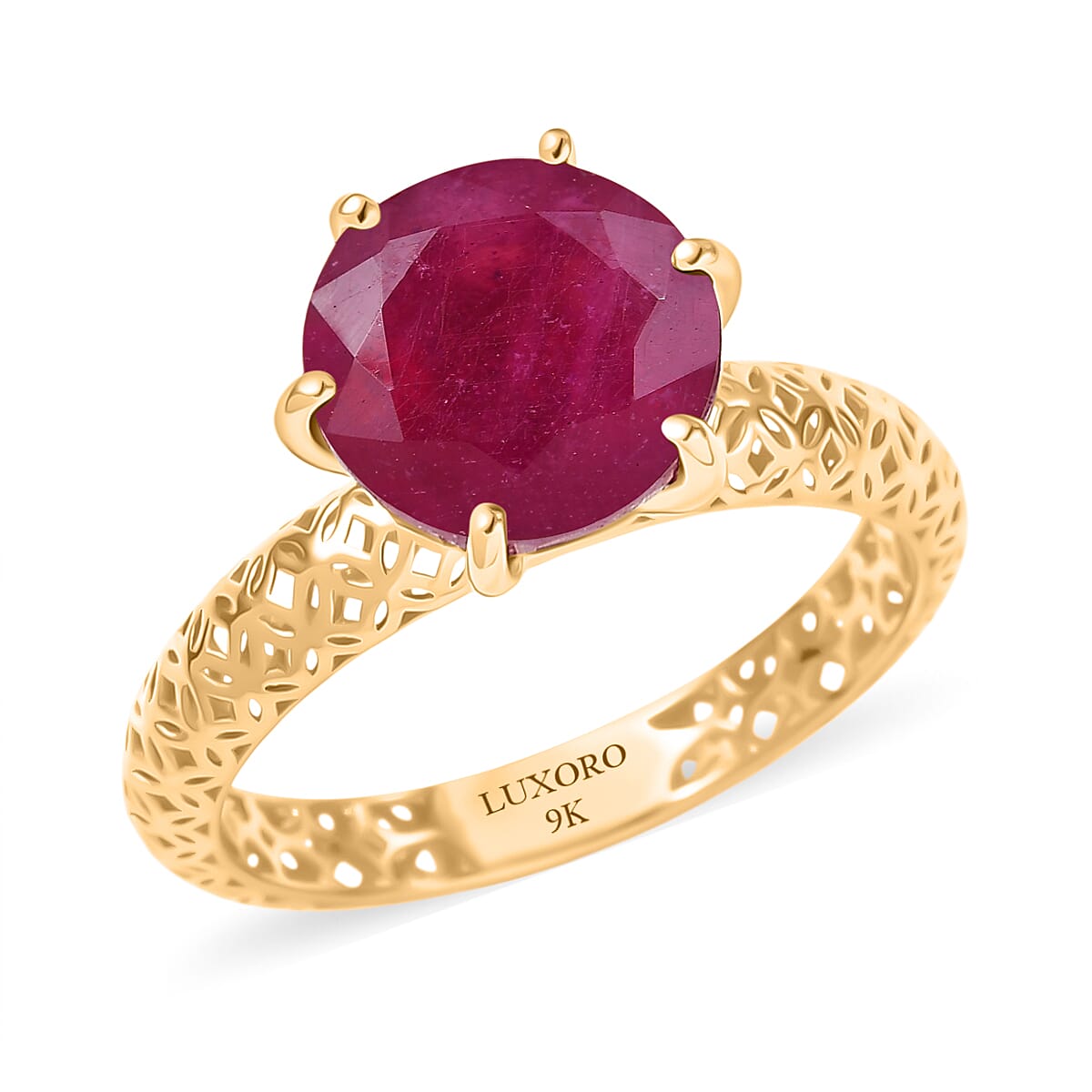 Luxoro 9K Yellow Gold AAA African Ruby Solitaire Ring 4.65 Ct.