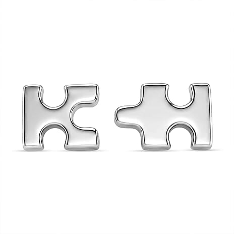 Lucy Q Jigsaw Collection - Puzzle Piece Stud Earrings with Push Back in Rhodium Overlay Sterling Silver