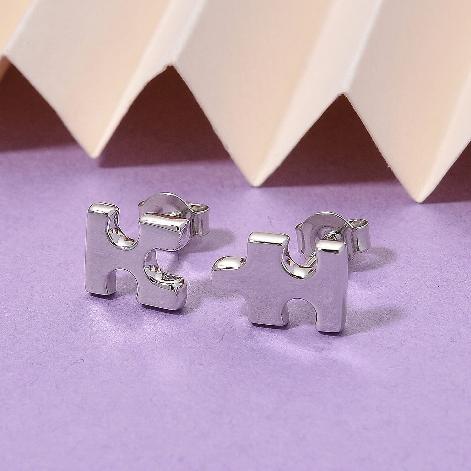 Lucy Q Jigsaw Collection - Puzzle Piece Stud Earrings with Push Back in Rhodium Overlay Sterling Silver