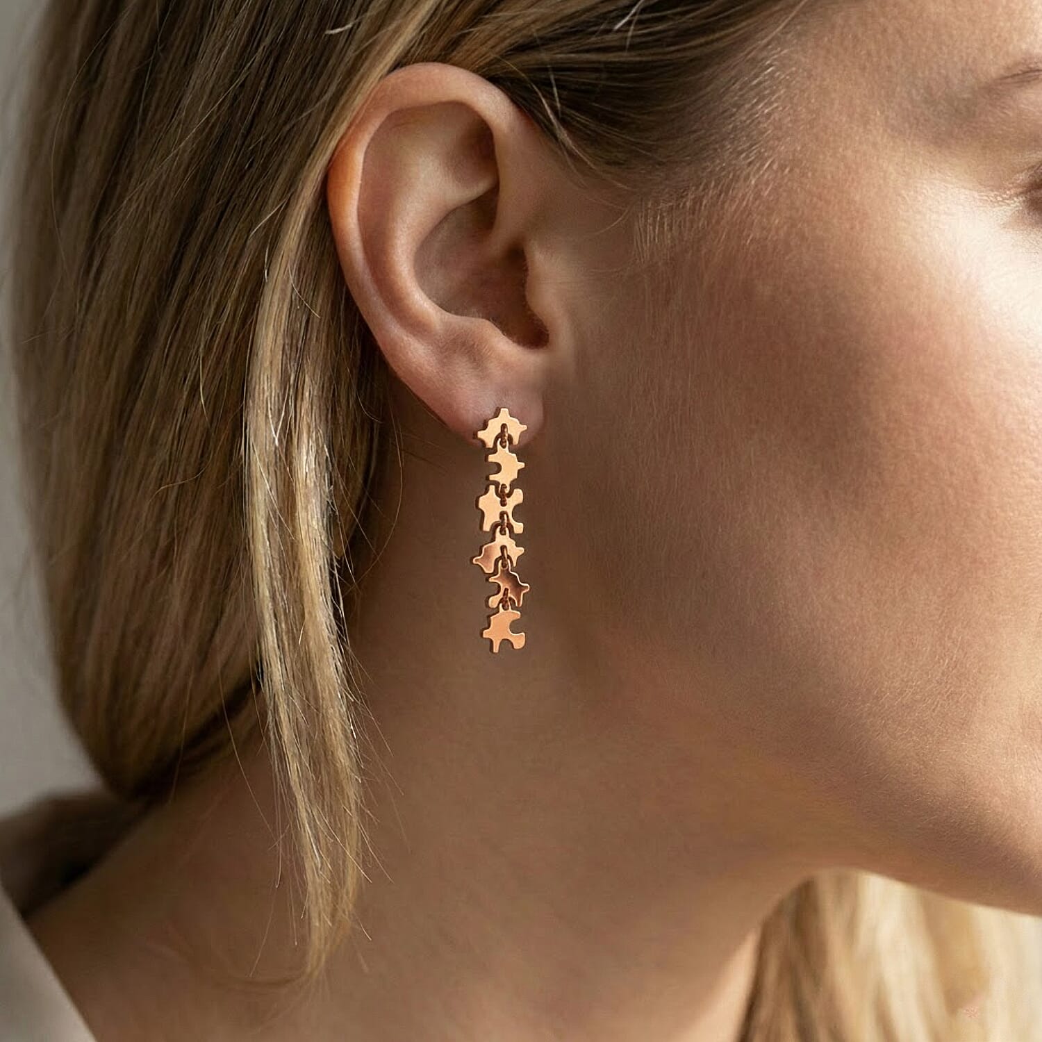 Lucy Q Jigsaw Collection - Puzzle Piece Dangle Earring with Push Back in 18K Vermeil Rose Gold Plated Sterling Silver, Silver Wt. 7.00 Gms